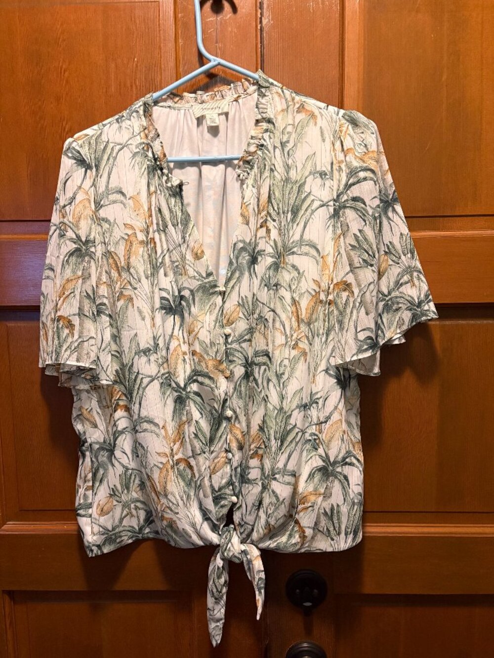 Tamara H. Tropical Palm Print Tie-Front Blouse - Metallic Pinstripe Chiffon 1X
